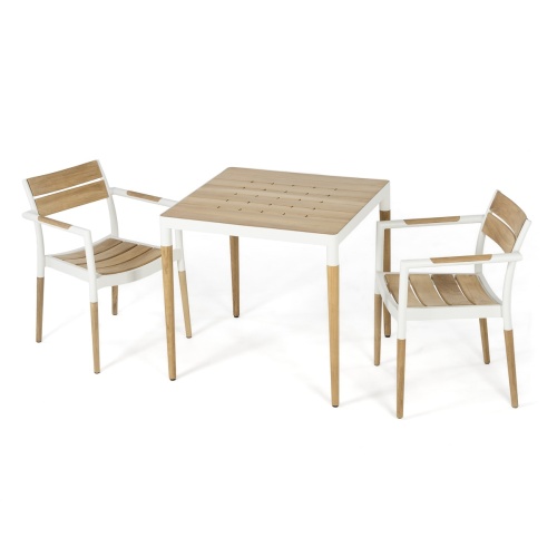 70761 Bloom 3 pc Dining Set of 36 inch square teak and powdered coated aluminum dining table and 2 Armchairs angled aerial view on white background