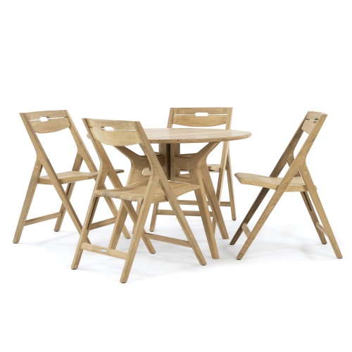 70811 Surf Yacht teak round 42 inch Folding 5 piece Dining Set of 4 teak side chairs and round teak 42 inch diameter dining table angled top view on white background