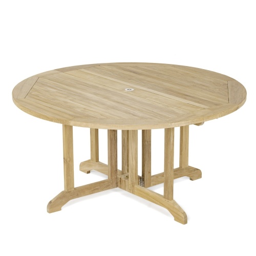 70851 Barbuda Laguna 5 pc Dining Set of Barbuda Folding Teak Table and 4 Laguna Side Chairs with optional umbrella angled aerial view on stone patio with 6 potted plants and house in the background 