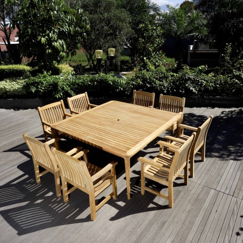 70878 Veranda 9 piece Square teak Dining Set aerial top view on wood deck 