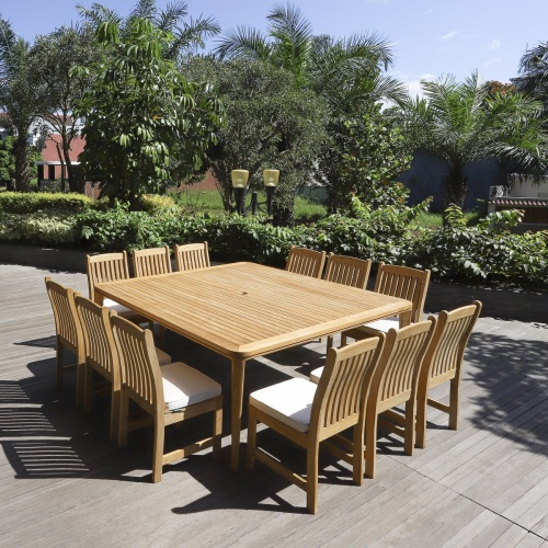 70879 Veranda 13 piece teak Square Dining Set of 12 teak side chair and a teak  6 foot square dining table showing umbrella pole cutout overhead view on wood deck  