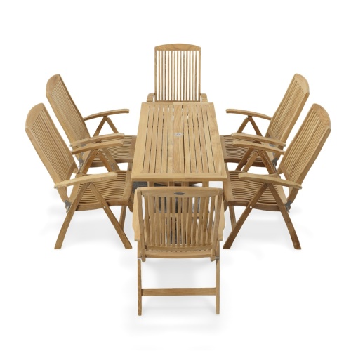 70903 Nevis Barbuda 7 piece Recliner Dining Set of 6 Barbuda dining chairs and Nevis teak rectangular table side view on white background