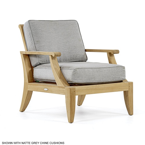 12152DP Laguna Teak Lounge Chair with natte grey chine colored cushions right side angled on white background