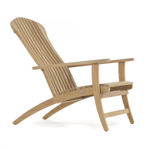 12221 Adirondack teak chair angled on green grass side view with lake with water lilies in background