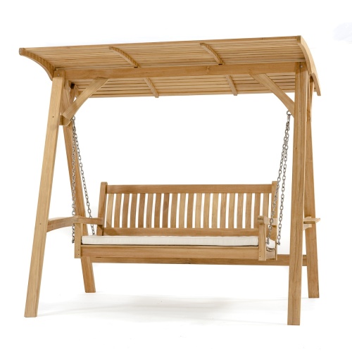 13955 veranda teak swinging bench and canopy set angled front view on white background