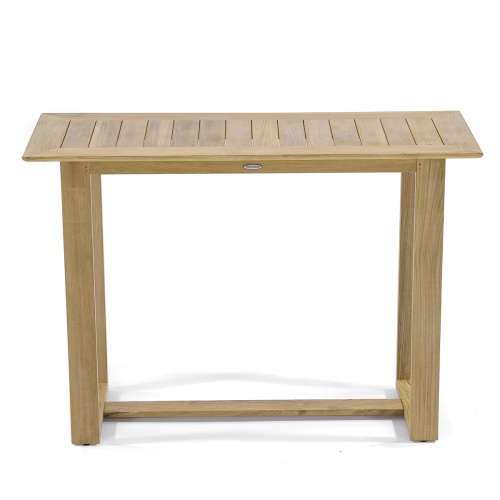 15999 Horizon Teak Bar Table angled side and top on white background