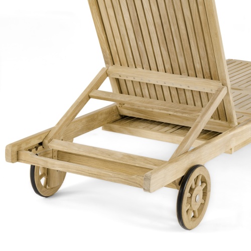 16512s Somerset teak Chaise Lounger rear angled showing reclining position backrest and rubberizing wheels on white background