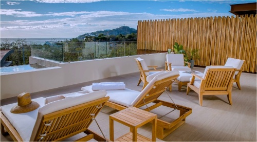 16770DP Horizon teak Chaise Lounger showing 2 on patio back view with bamboo fence and ocean in background