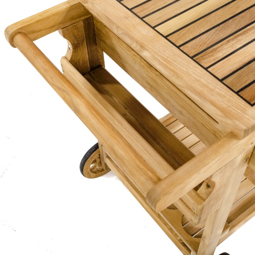 17105 Alicante teak Trolley Cart angled view showing push handle on white background