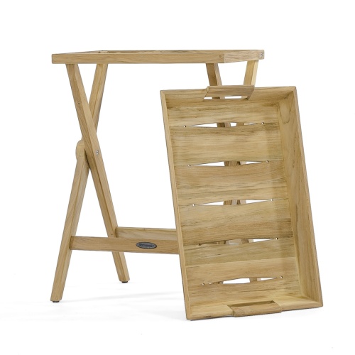 17440 folding teak tray table with tray leaning up against stand on white background