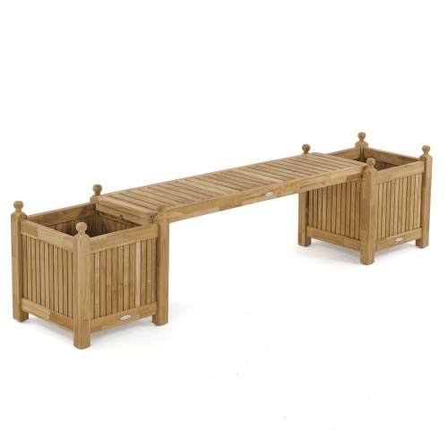 18110 teak planter bench seat panel with two cube planters on white background