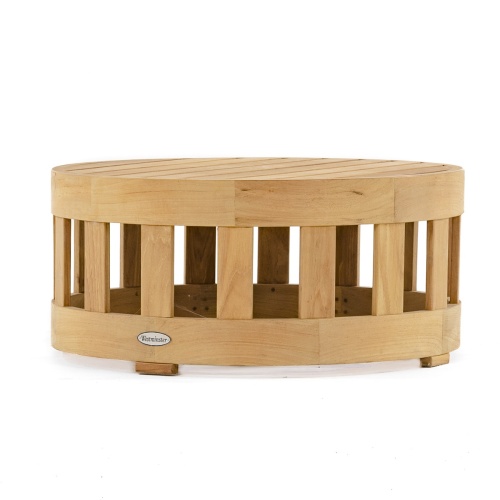 18170 Kafelonia teak coffee table ottoman with Natte Chine colored cushion in side profile view on white background