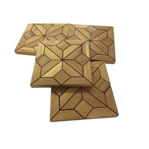 18171 One Carton Fez Teak Tiles showing 4 tiles stacked in different angles on white background