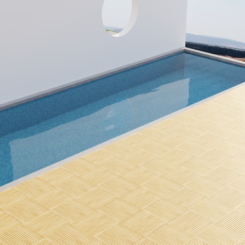 18403 Callebotise Teak Floor Tiles on patio next to a pool with coastal views in the background