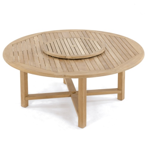 18705 round 32 inch teak lazy susan on teak table aerial view on white background