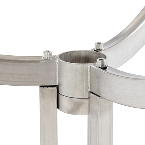 25313  Vogue Square Teak and Stainless Steel Bar Table showing bottom Stainless Steel Legs and attachment to pedestal on white background