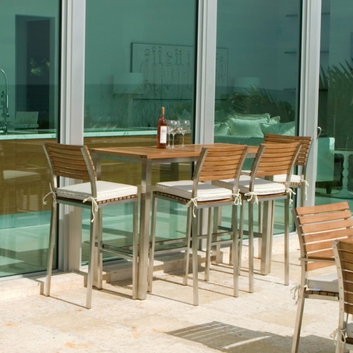 25314 Vogue 5 foot Rectangular Bar Set with optional seat cushions bottle of wine and 3 wine glasses on table set on concrete patio angled view with glass sliding doors in background