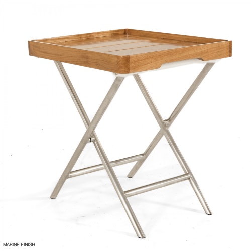 28815F Odyssey Folding Ottoman opened with teak serving tray in Marine finish sitting on top of ottoman angled on white background
