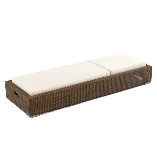 30002dp Malaga synthetic wicker chaise lounger with cushions back in fully reclined position left angled on white background