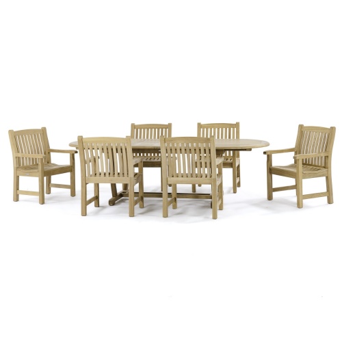 70002 Montserrat 7 piece teak oval Dining Set with optional open rectangular umbrella on white background