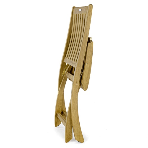 11602S Barbuda Teak Folding Chair folded flat for storage side view on white background 