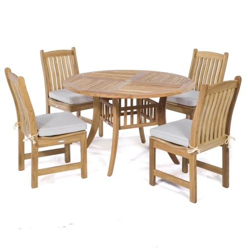 70040 Veranda Hyatt 5 piece teak Dining Set with optional canvas colored seat cushions on white background