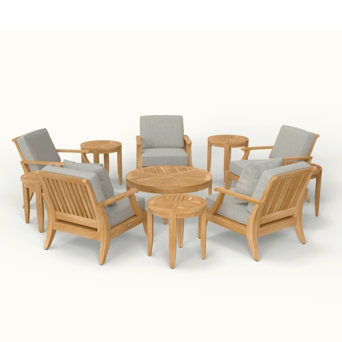 70106 laguna eleven piece lounge set with succulent plant in white pot on center of coffee table on wood deck with house and windows and tree in background