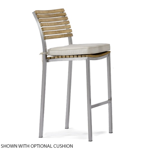 21510 Vogue stainless steel and teak bar stool right view with optional canvas color cushion on seat on white background