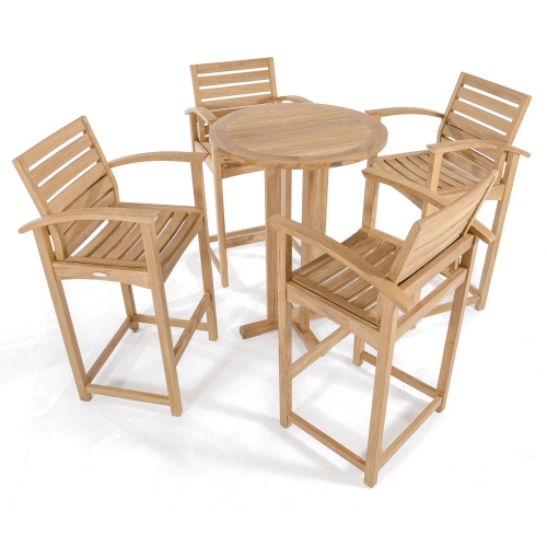70249 Somerset 5 piece Bistro Bar Set of 4 teak barstools and a round 30 inch diameter bar table aerial view on white background
