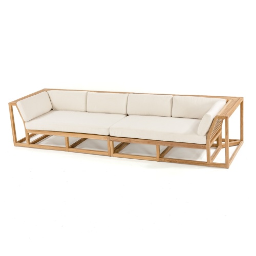  70278 maya grand teak sofa set with natte grey chine colored cushions front view showing poly expresso finish and natural finish on white background