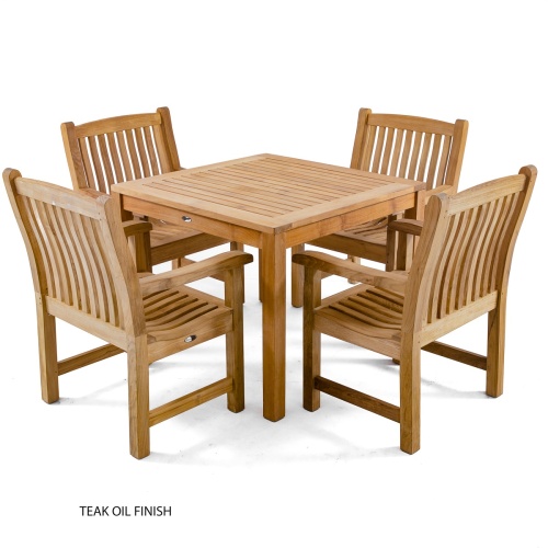 70425 Veranda 5 piece Square Teak Dining Set with teak oil finish angled view on white background