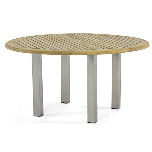 70439 Vogue Dining Set for 6 of Vogue Teak and Stainless Steel 60 inch Round Dining Table and 6 Vogue Side Dining Chairs angled aerial view 