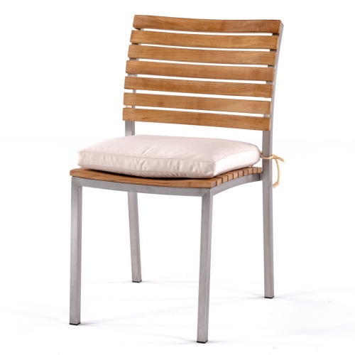 21007 Vogue Teak and 304 Stainless Steel Dining Side Chair with optional canvas colored seat cushion in angled front facing view on white background