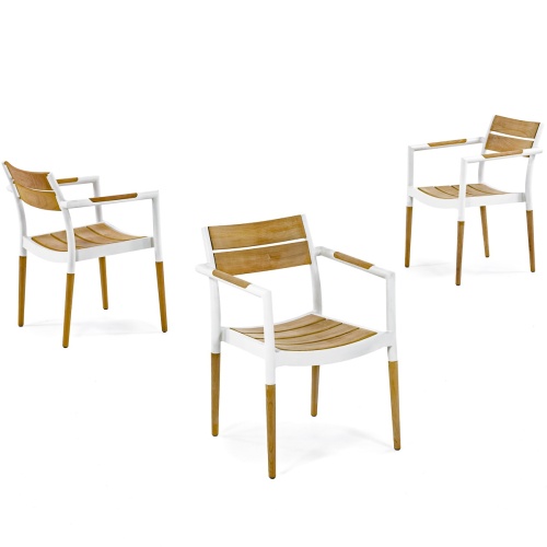 70448 Bloom aluminum and teak dining chair showing 3 in side view and angled rear view and front angled view on white background 