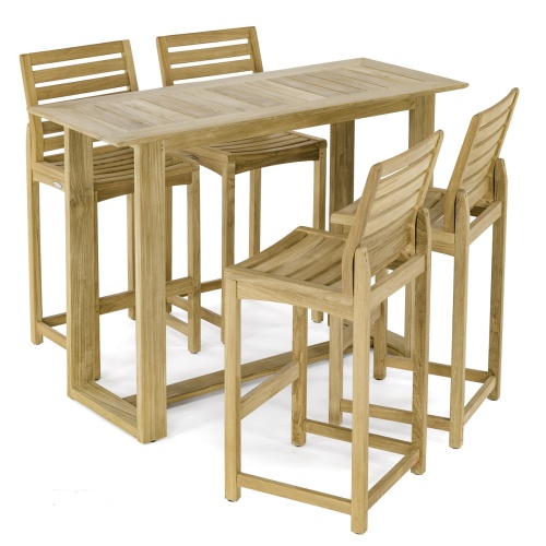 70512 Somerset 5 piece teak Barstool and Bar Set angled on white background
