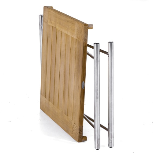 25815 Odyssey folding teak and stainless steel 39 inch square dining table folded flat angled view on white background