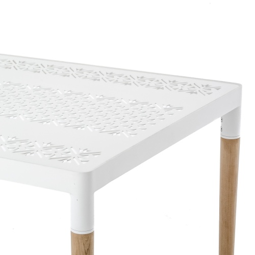 70611 Bloom 32 inch square teak and powder coated aluminum Dining Table closeup angled view of table top on white background