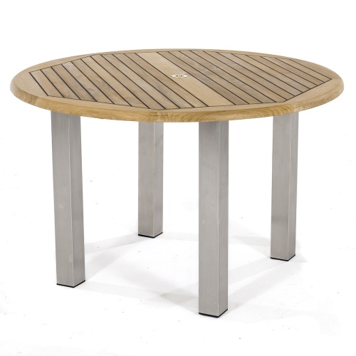 25013 Vogue teak and stainless steel 4 foot round dining table angled on white background