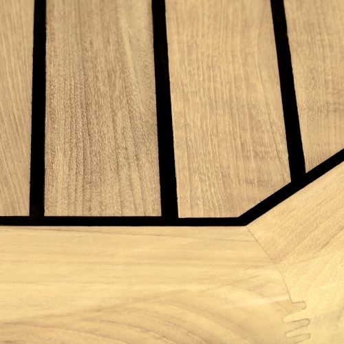 70627 Vogue Barbuda round 48 inch diameter teak and stainless steel dining table closeup view of table top showing silkaflex marine sealant between teak slats