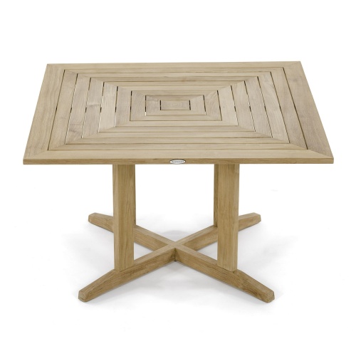 70685 Sussex Pyramid 5 pc Dining Set of Pyramid Square Dining Table and 4 Sussex Armchairs in corner view on wood deck with door to house in background 