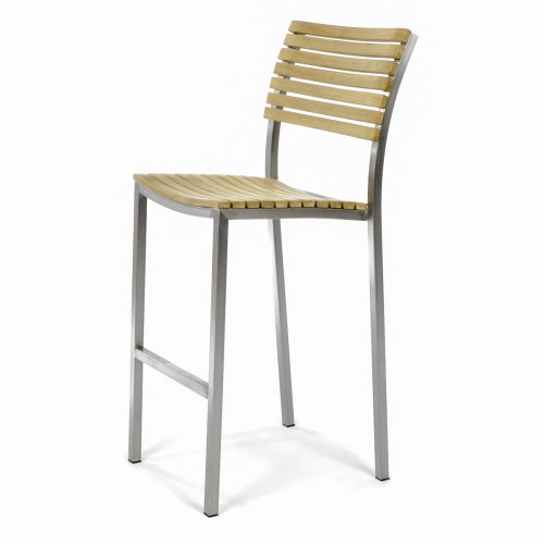 21510 Vogue Teak and Stainless Steel Bar Stool in side angled view on a white background