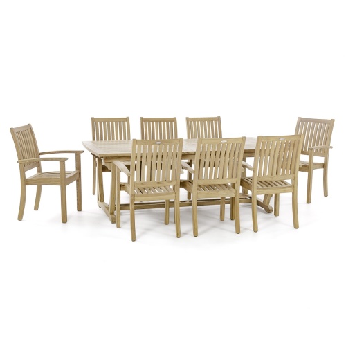 70759 Sussex Veranda 9 piece teak Dining Set of 8 Sussex teak dining armchairs and Veranda rectangular teak dining table in side angled view on white background