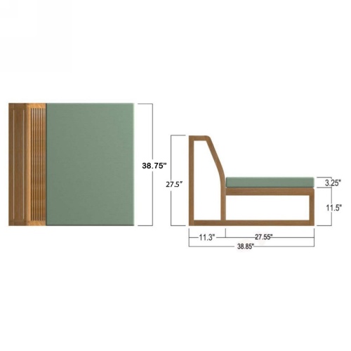 70797 maya deep seating slipper chair teak frame autocad top and side on a white background