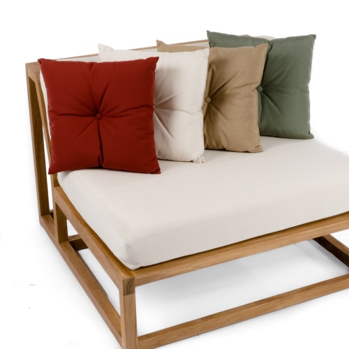 71000MTO Solid Color Throw Pillow showing 4 in standard colors of and terracotta canvas heather beige and stone green on a cushioned Maya teak slipper chair on white background