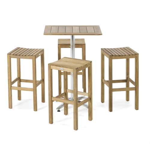 BRADLEY4BH Teak & Stainless Steel 5 piece high bar table Set of 4 teak backless barstool and teak & stainless steel bar table on white background 