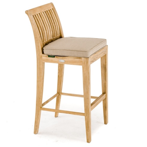 11910 Laguna Side Teak Barstool angled view with optional beige color cushion on white background