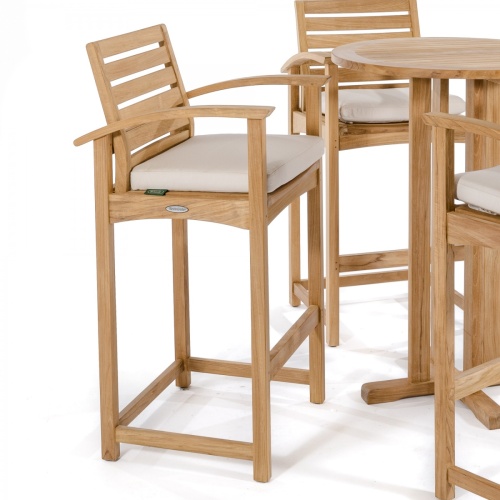 12466 Somerset Teak Bar Stool showing 3 barstools and teak bar table right side with optional canvas color cushion on seat on white background