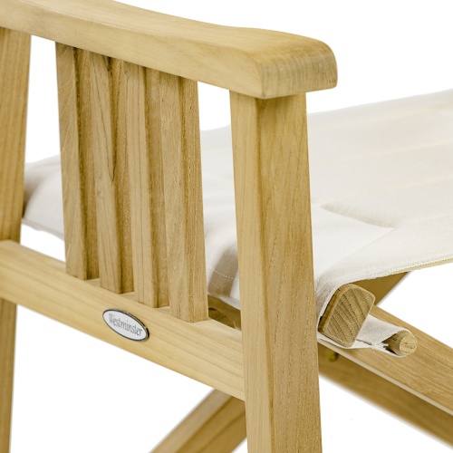 12568f Barbuda teak Directors Chair closeup of left side armrest on white background