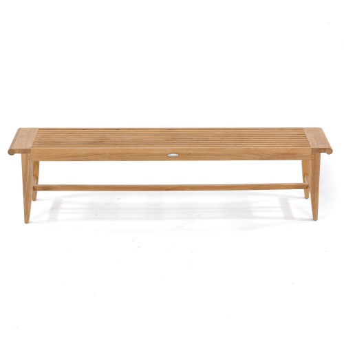 13917 Laguna 6 foot teak Backless Bench with Pyramid dining set on tile in dining room with 2 blue colored vases on table top and windows in background