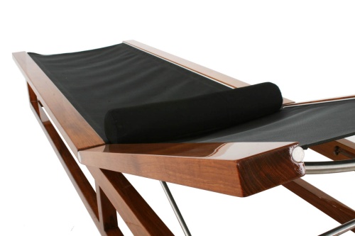16771 Maya Chaise Lounger in our marine gloss finish with black Textilene mesh fabric and bolster cushion close up top angle view on a white background 